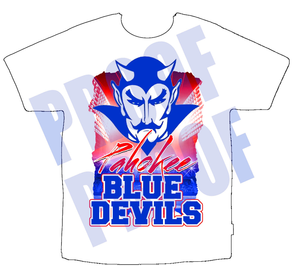 PK Blue Devils White Polyester Heat Press T-Shirt Front Only