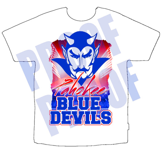 PK Blue Devils White Polyester Heat Press T-Shirt Front Only