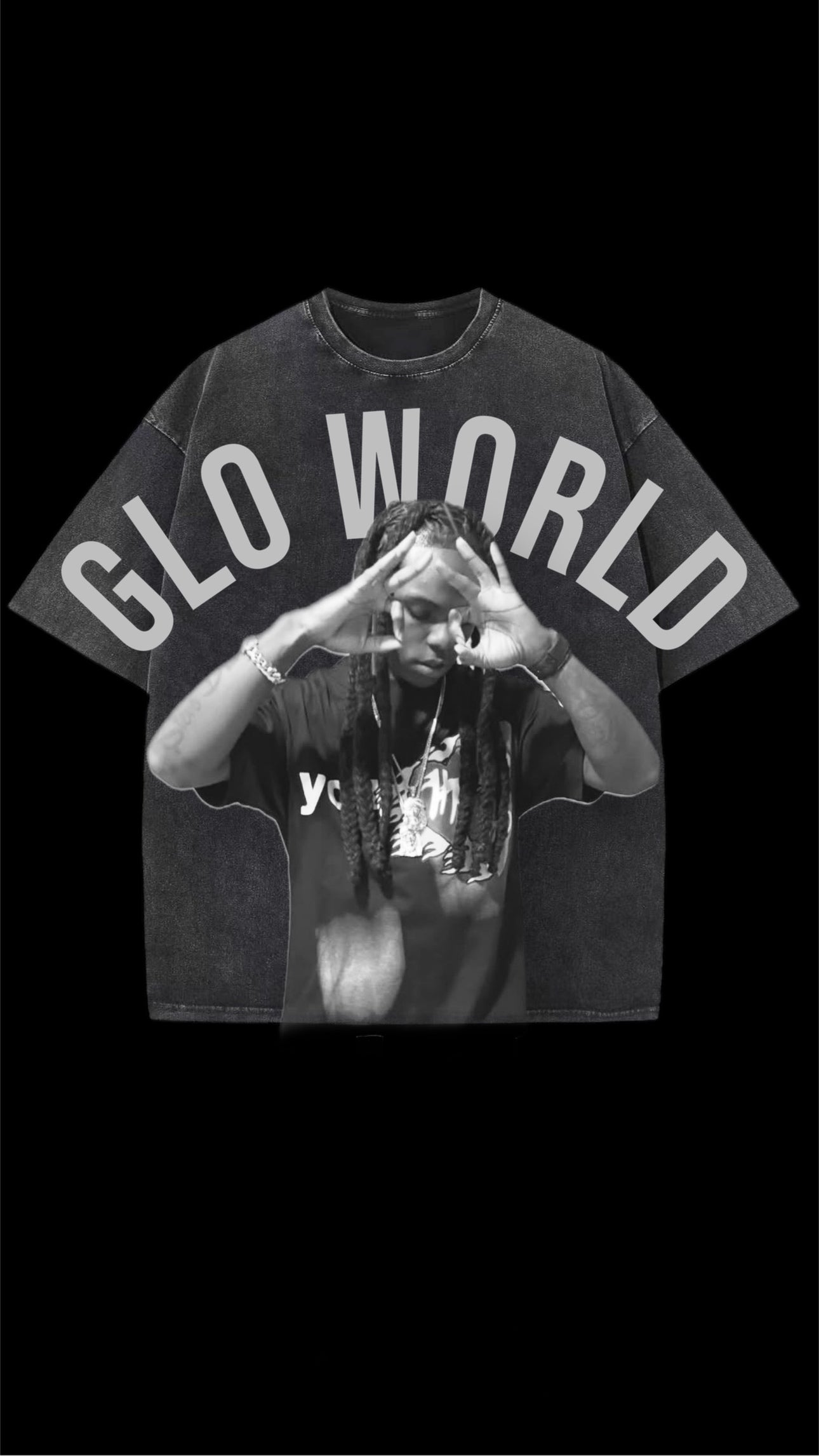 Glo World Acid Wash Black Graphic T-Shirt Front Only
