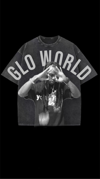Glo World Acid Wash Black Graphic T-Shirt Front Only