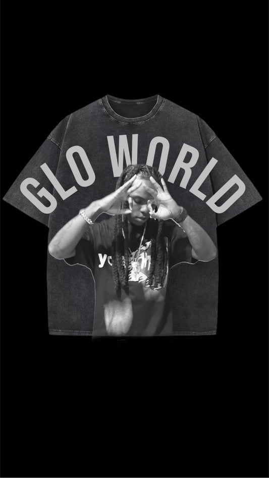 Glo World Acid Wash Black Graphic T-Shirt Front Only
